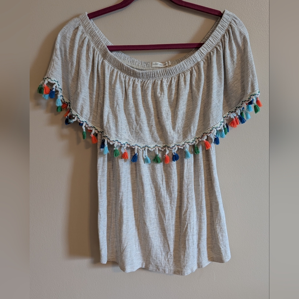 Pebble and Stone Heather Grey Blouse with Colorful Tassles